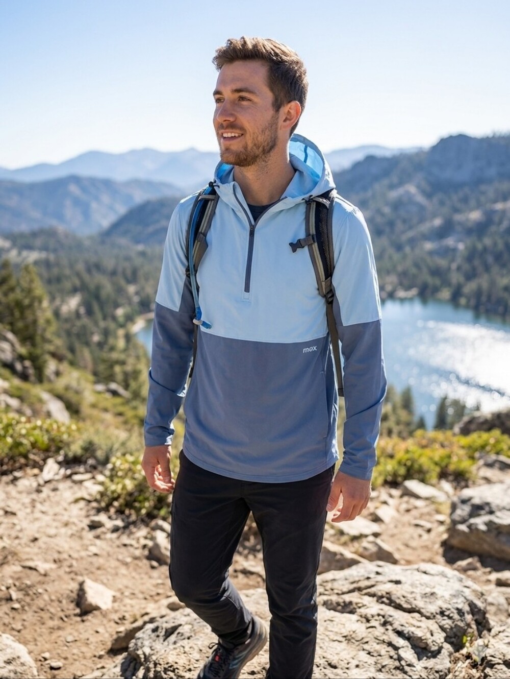 Moxie color-block half-zip hooded pullover windbreaker/performance jacket.